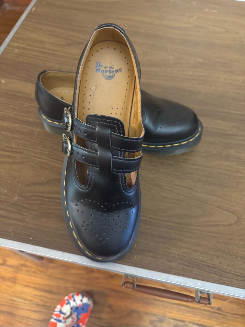 Dr. Martens Black Double-Strap T-Bar Mary Jane with Yellow Stitching